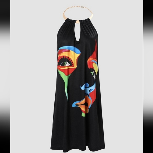 Abstract rainbow face casual keyhole halter mini dress - Picture 3 of 4